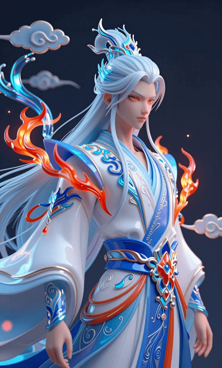 国潮风与赛博朋克风格创作,还叠加了传统国风纹样与仙侠美学的特征,以中国神话人物(敖丙)为核心,结合传统祥云、水纹等国风元素,用现代色彩对比(蓝白主调+橙红点缀)重构中式审美。通过3D质感的流体化线条、光效渐变打造出飘逸的视觉层次,人物造型的柔美线条、神态的空灵感,契合仙侠题材的艺术表达特征,妖艳,冶艳, 敖丙,修长丹凤眼,侧脸特写,红蓝莹光色火焰烟雾缠绕全身,拟人化,新中式国潮,仙侠美学,数字艺术渲染,奇幻流体画风,中国传统纹样融合,蓝白渐变主色调,橙红撞色点缀,祥云水纹环绕,琉璃质感,光效渐变,飘逸发丝,精致头饰,暗背景对比,8K超高清,细腻肌理