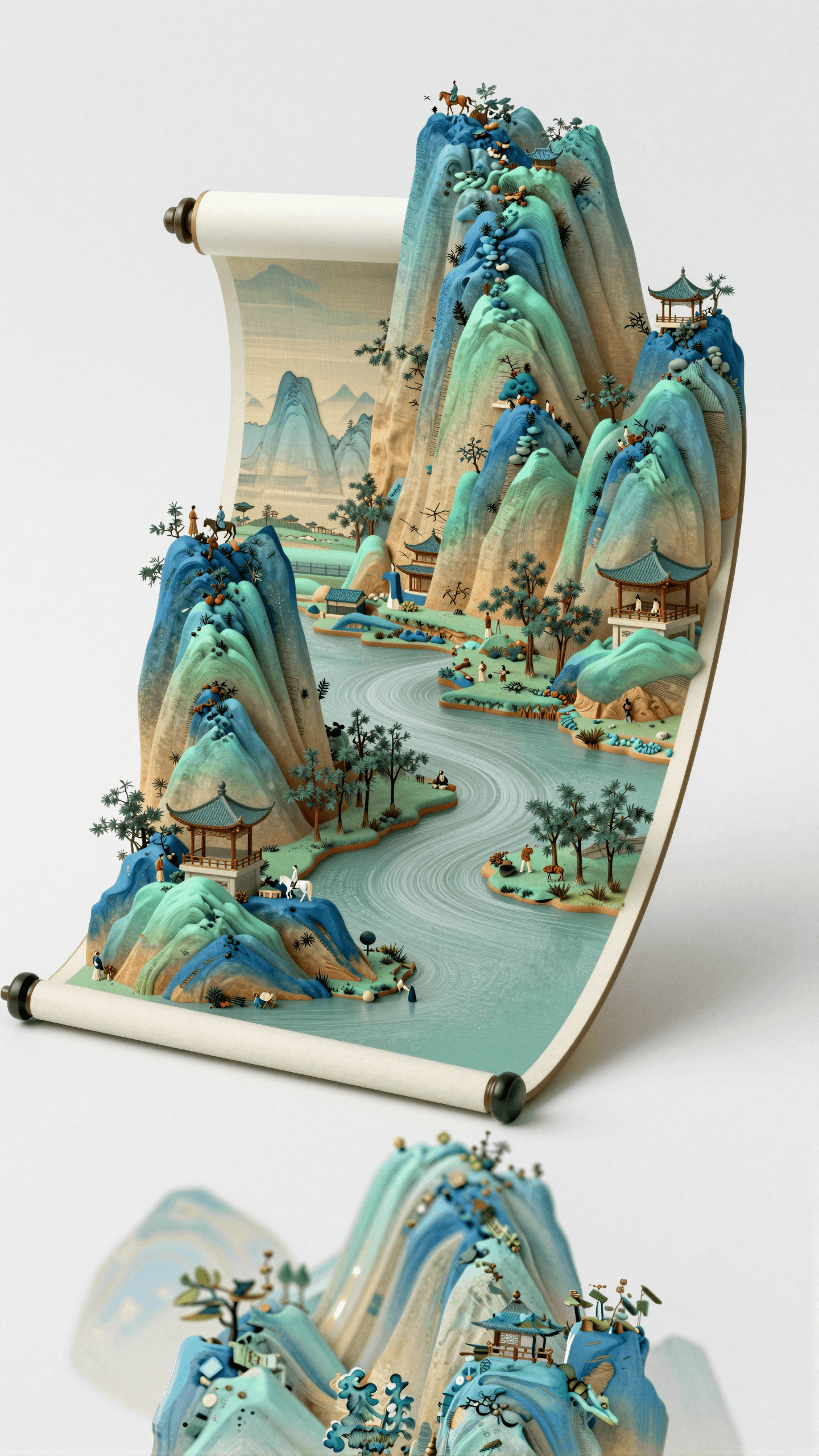 超现实主义艺术作品,以北宋《千里江山图》为灵感,将青绿山水绘于立体卷轴之上,卷轴部分展开,呈现 3D 浮雕效果的山峦、河流、亭台楼阁,点缀骑马行人等古意人物,搭配细腻的矿物颜料质感(石青、石绿为主),背景纯白极简,光线柔和突出主体层次,融合传统工笔技法与现代 C4D 渲染,营造出 “江山入画” 的东方美学与当代艺术碰撞感,细节极致清晰.